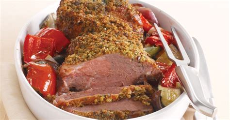 Lamb roast with wholemeal herb crust & roast vegetables