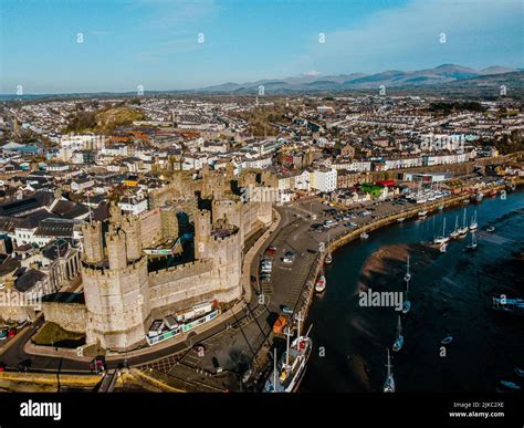 An aerial view of the Caernarfon Castle Stock Photo - Alamy