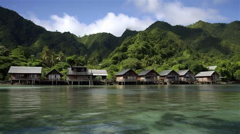 Group Of Rustic Looking Wooden Houses On A Shore Surrounded By Green ...