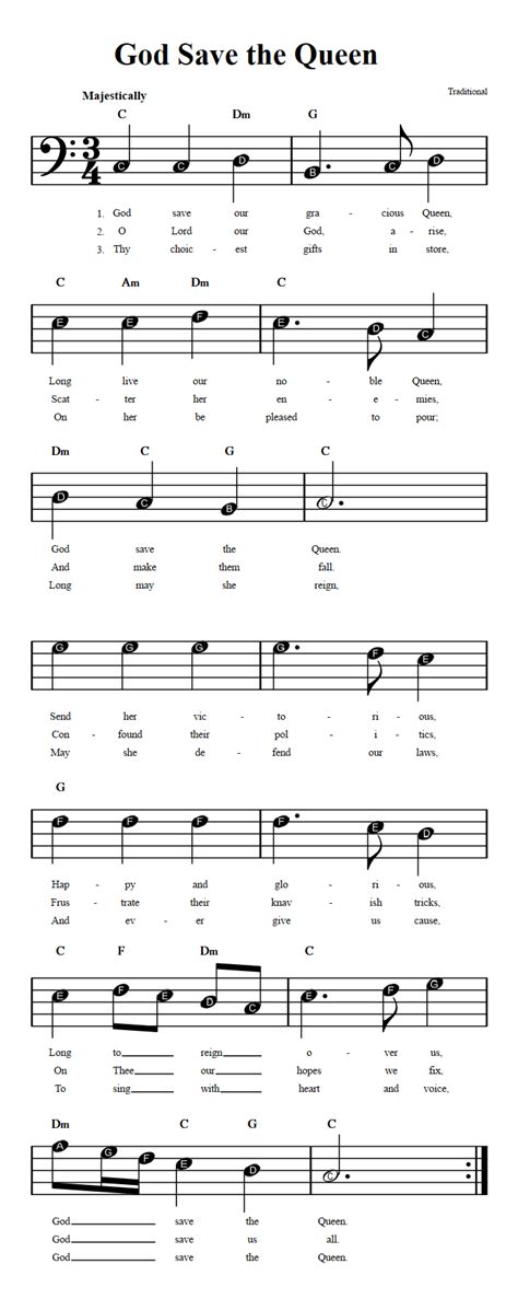 God Save the Queen: Beginner Bass Clef Sheet Music with Chords and Lyrics