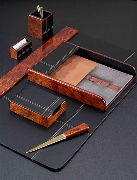 Burled Wood and Leather Six-Piece Desk Blotter Set with Free Shipping in the Continental United ...