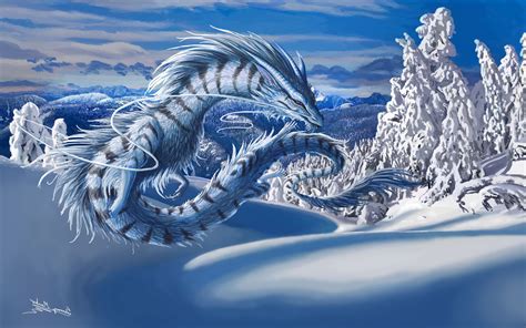dragon, Digital Art, Fantasy Art, Nature, Winter, Snow, Trees, Clouds, Mountain, Forest, Hill ...