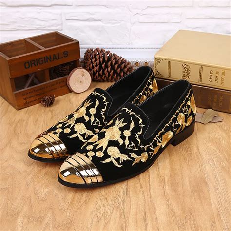 Embroidered Flower Design Gold Dress Shoes Men Velvet Shoes Fashion Men ...