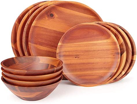 AIDEA Acacia Wood Dinner Plates, 11Inch Round Wood Plates Set of 4 ...