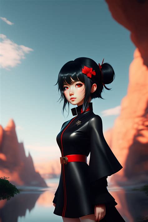 Lexica - Cute anime girl with red eyes black hair wearing black-red outfit costume, black hair ...