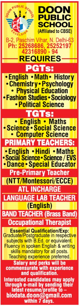 Doon Public School, New Delhi Wanted Teachers and Non-Teaching Faculty | FacultyPlus