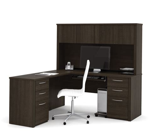 Double Pedestal L-shaped Desk with Hutch in Dark Chocolate ...