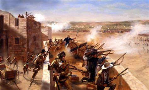 Painting of Alamo defenders shooting at Mexican militia over the Alamo walls - Texas Hill Country