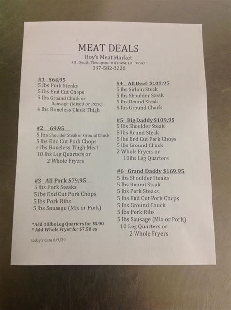 Menu at Roy's Meat Market restaurant, Iowa