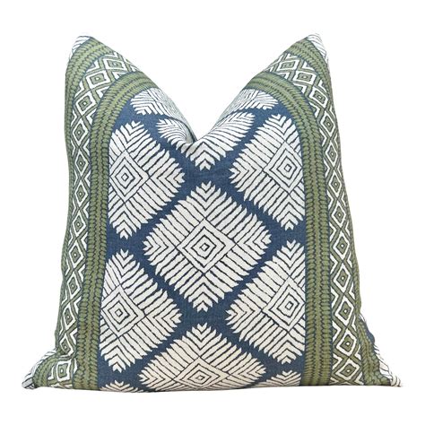 Striped Pillow in Navy Blue and Green. Designer Decorative Coastal Pillow Cover in Green and ...