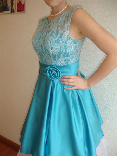 Short prom, party, cocktail dress of sea green color. Knee length.