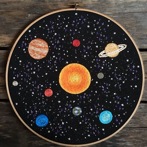 Outer Space Embroidery Art - Solar System, 10" hoop, hand stitched Sun & Planets in orbit, stars ...