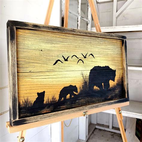 Framed grizzly bears on reclaimed barn wood. | Bear wall art, Bear ...