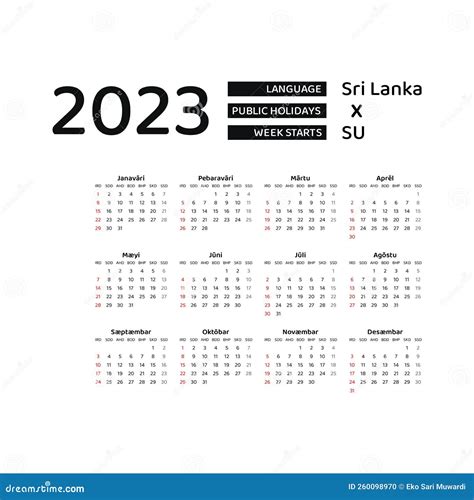 Sri Lanka Calendar 2023. Week Starts from Sunday. Vector Graphic Design Stock Illustration ...