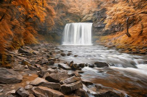 Beautiful woodland stream and waterfall in Fall digital painting ...