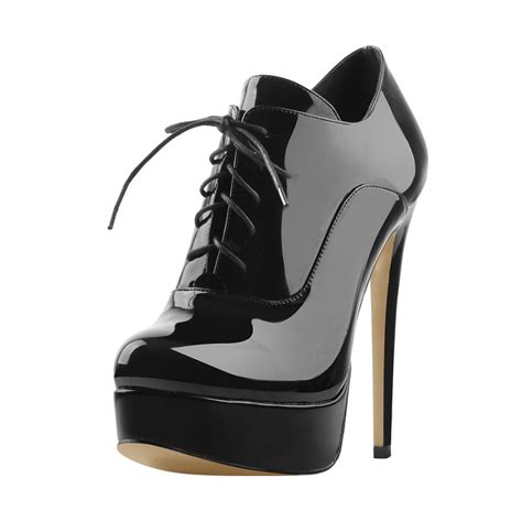 Platform Lace Up Stiletto High Heels Black Patent Leather Ankle Bootie ...