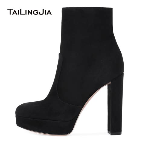 Women Black Faux Suede Platform Chunky Heel Ankle Boots Round Toe High Heel Booties Ladies ...