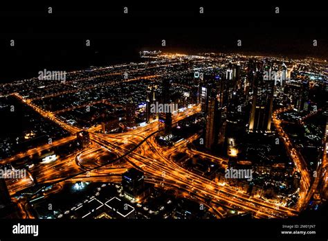 Night view of Dubai from the Observation Deck of Burj Khalifa, Dubai Mall. United Arab Emirates ...