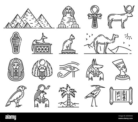 Egypt thin line icons of ancient gods and religion symbols. Sphinx, pharaoh pyramids and Anubis ...