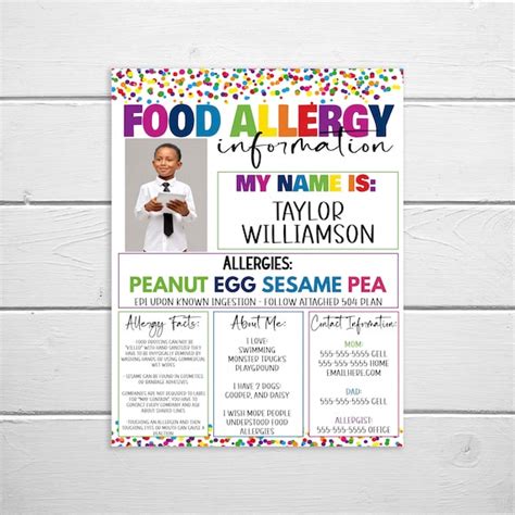 Editable Food Allergy Information Sheet, Printable School Daycare ...