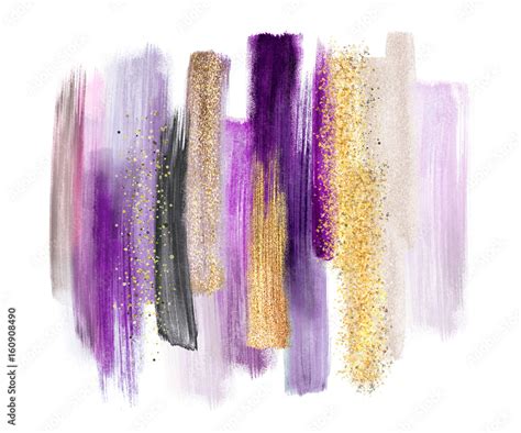 abstract watercolor brush strokes isolated on white background, paint smears, purple gold ...