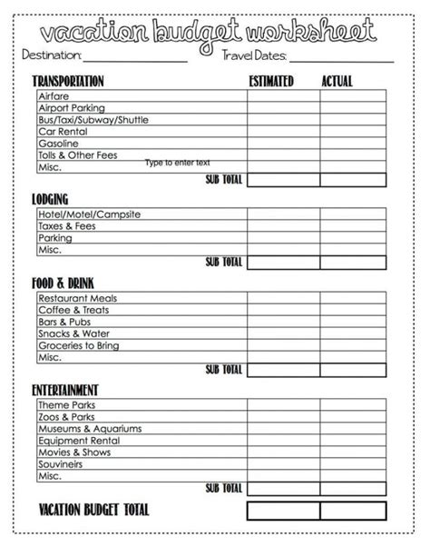 Vacation Budget Planner Template