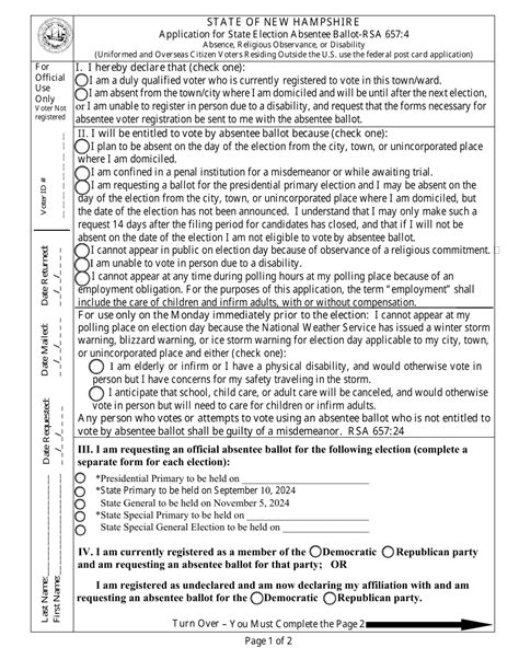 New Hampshire Application for State Election Absentee Ballot Download Fillable PDF 2021 — 2024 ...