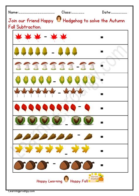 Free Printable Math Fall Subtraction With Pictures. - worksheet.learningprodigy.com