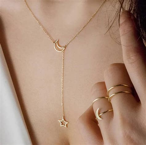 2018 New Boho Style Moon Star Pendant Choker Necklaces Gold Silver Long Chain Link Jewelry Gift ...