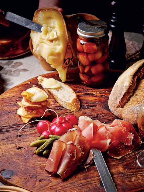 Raclette Cheese with air-dried meats, potato wafers, pickled golden shallots and radishes ...