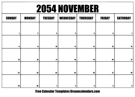 November 2054 Calendar - Free Printable with Holidays and Observances