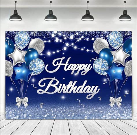 7x5ft Navy Blue Happy Birthday Decorations Backdrop Glitter Silver Blue ...