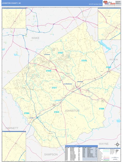 Johnston County, NC Zip Code Wall Map Basic Style by MarketMAPS - MapSales