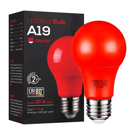 TORCHSTAR 7W Red LED A19 Colored Light Bulb, E26/E27 Base, for Bedroom ...