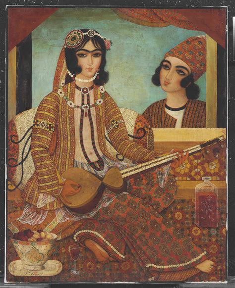 A LADY PLAYING A STRINGED INSTRUMENT | QAJAR IRAN, EARLY 19TH CENTURY ...