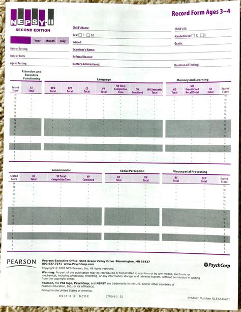 NEPSY-II Neuropsychological Test for Children Record Form (Ages 3-4 ...