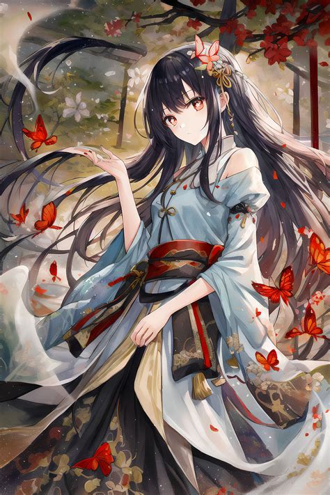 Anime Anime Girls Ai Art Butterfly Black Hair Red Eyes Vertical Dress Japanese Clothes Wallpaper ...