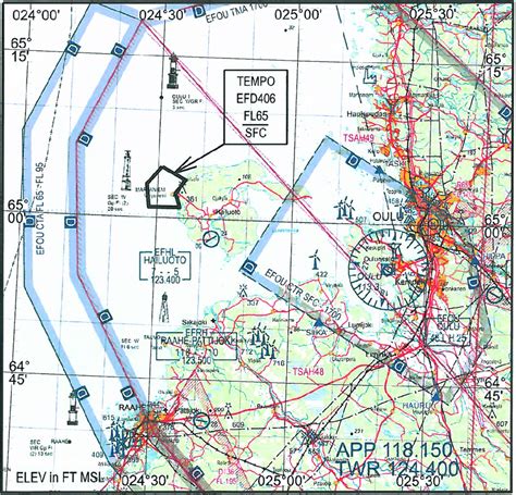 Aviation map of the area around Oulu airport. The danger area reserved ...