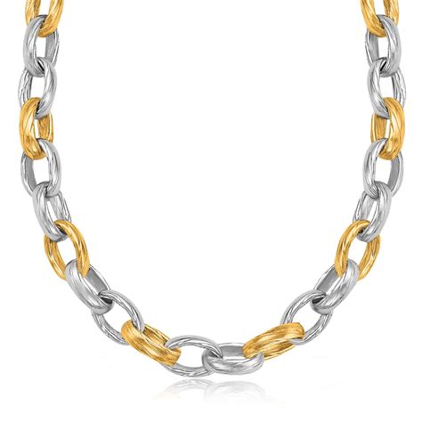 Diamond Cut Oval Rolo Rhodium Plated Chain Necklace in 18K Yellow Gold and Sterling Silver ...