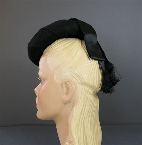 Vintage 1940s Topper Hat, Black & Red Felt Tilt with Satin Ribbon and ...