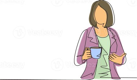 Single one line drawing business woman holding and showing coffee cup ...