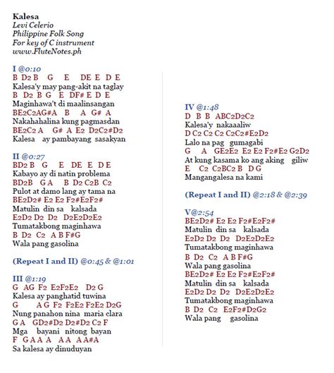 Kalesa - Levi Celério (Philippine Folk Song) | Music Letter Notation with Lyrics for Flute ...