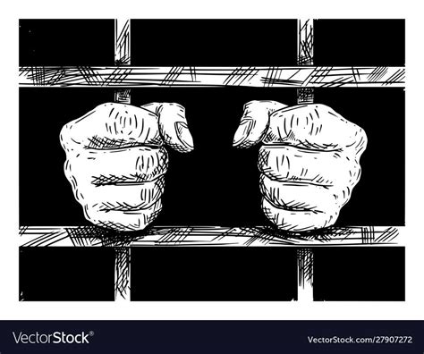 Vector black and white artistic drawing of hands of prisoner in prison cell holding iron bars ...