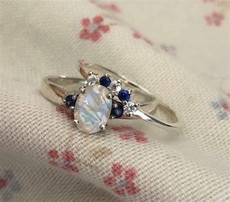 Moonstone Sapphire Engagement Ring Set-Oval Rainbow Moonstone Three ...