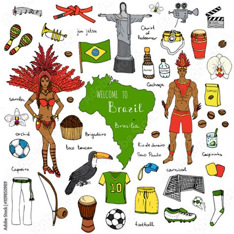 Hand drawn doodle Welcome to Brazil set Vector illustration Sketchy Brazilian traditional icons ...