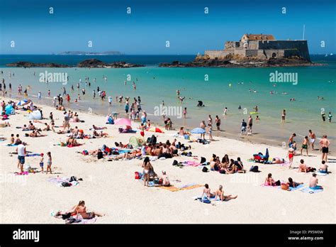 Saint Malo, Brittany, France - July 8, 2018: Crowded sandy beach at ...