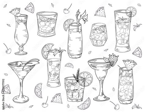 Cocktails hand drawn set in sketch style. Alcoholic drinks in different glass isolated on white ...