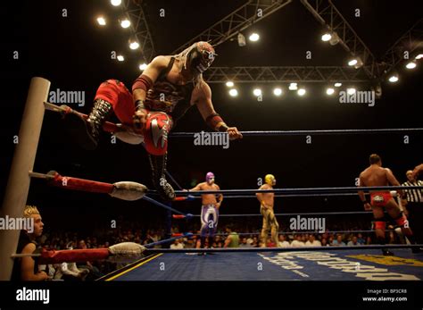 Masked wrestlers fight at a Lucha Libre Wrestling show in Arena Mexico ...