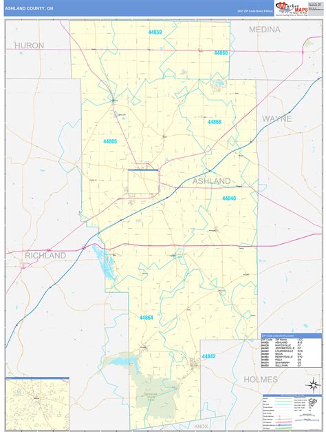 Ashland County, OH Zip Code Wall Map Basic Style by MarketMAPS - MapSales