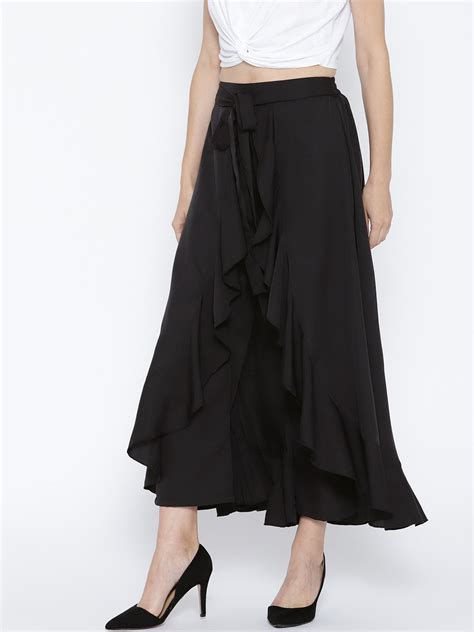 Berrylush Women Black Solid Ruffled Flared Maxi Skirt with Attached Tr